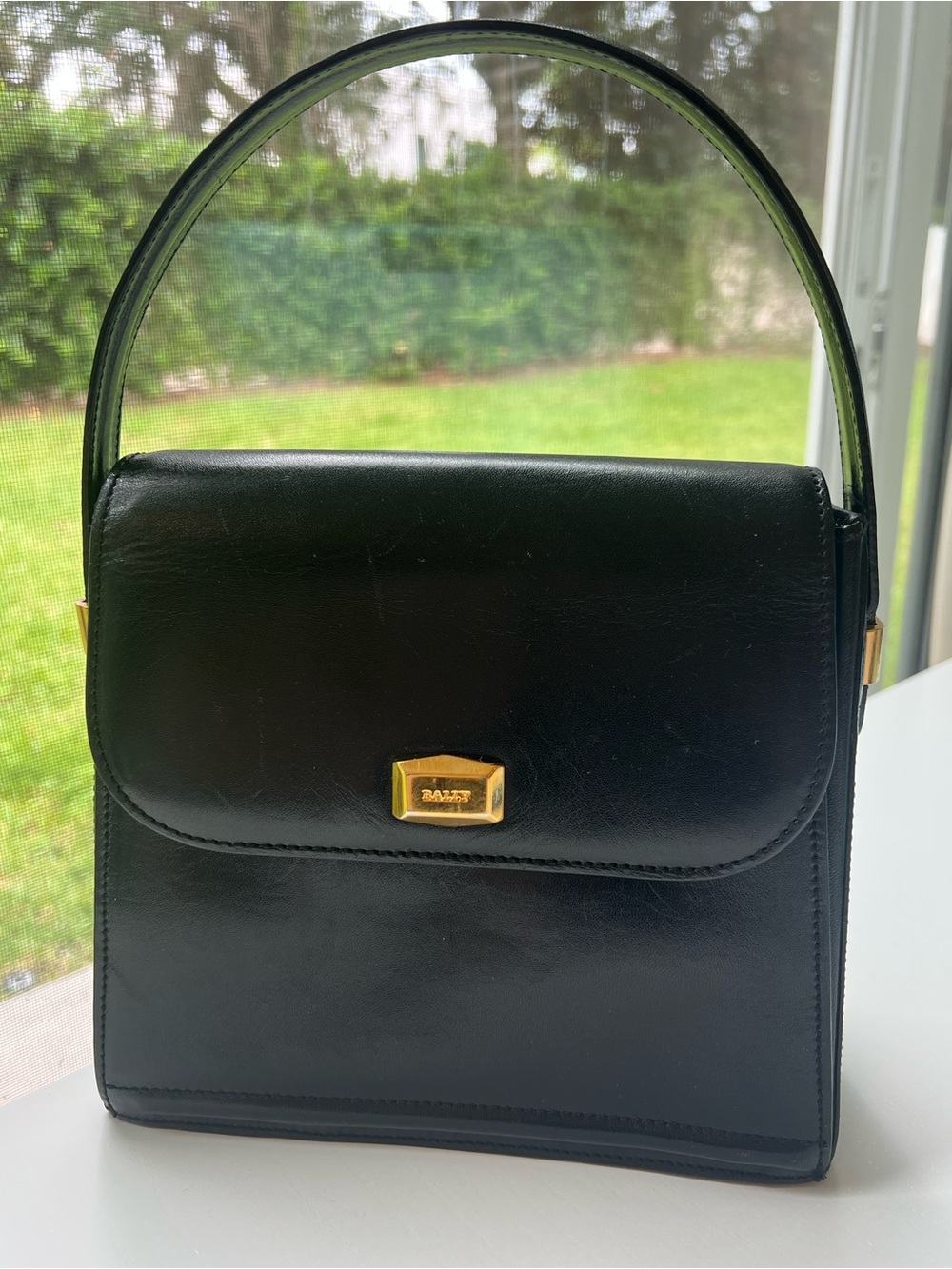 Vintage Bally Black Leather Top-Handle Bag with Gold Accent